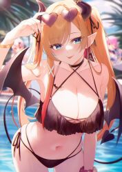 Rule 34 | 3girls, :p, absurdres, adjusting eyewear, bikini, black bikini, black ribbon, black wings, blonde hair, blue eyes, blurry, blurry background, bracelet, breasts, cleavage, contrapposto, cowboy shot, criss-cross halter, demon horns, demon tail, demon wings, depth of field, eyewear on head, hair ribbon, halterneck, heart, heart-shaped eyewear, highres, hololive, horns, jewelry, jiang ye kiri, large breasts, leaning forward, looking at viewer, minato aqua, multi-strapped bikini bottom, multi-strapped bikini top, multiple girls, nakiri ayame, navel, parted bangs, pink-tinted eyewear, pointy ears, poolside, ribbon, ruffle bikini, scrunchie, side-tie bikini bottom, solo, solo focus, standing, stomach, string bikini, swimsuit, tail, tinted eyewear, tongue, tongue out, twintails, virtual youtuber, wings, wrist scrunchie, yuzuki choco, yuzuki choco (hololive summer 2019)