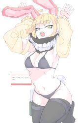 1girl animal_ears bikini black_bikini blonde_hair boku_no_hero_academia breasts detached_sleeves fake_animal_ears fake_tail fangs looking_at_viewer mocamocaink navel open_mouth rabbit_ears rabbit_tail revealing_clothes scarf solo swimsuit tail thighhighs toga_himiko yellow_eyes