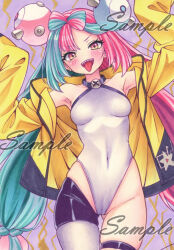 Rule 34 | 1girl, :d, adapted costume, bow-shaped hair, breasts, cameltoe, character hair ornament, commentary request, covered navel, cowboy shot, grey background, grey leotard, hair ornament, happy, iono (pokemon), jacket, leotard, long hair, looking at viewer, miyakooo0420, multicolored hair, nintendo, open clothes, open jacket, open mouth, pokemon, pokemon sv, sample watermark, smile, solo, star (symbol), star print, teeth, thigh strap, tongue, tongue out, traditional media, twintails, two-tone hair, upper teeth only, watermark, yellow jacket
