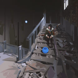 1girl arrow_(projectile) black_footwear black_hair black_skirt black_thighhighs bow_(weapon) commentary day debris english_commentary girl_chasing_giants_(yun_ling) hand_on_own_knee highres hood hood_down indoors looking_to_the_side on_stairs original railing short_hair sitting skirt stairs sunlight thighhighs weapon window yun_ling