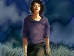 Rule 34 | black eyes, black hair, blue outline, facing viewer, grass, hair flowing over, han sooyoung, hood, hood down, hoodie, macaronijail, medium hair, omniscient reader&#039;s viewpoint, open mouth, outline, purple hoodie, sleeves rolled up, storm, walking