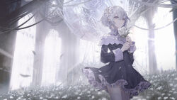 1girl absurdres bare_shoulders black_dress blurry closed_mouth collared_shirt commentary depth_of_field dress english_commentary falling_petals feet_out_of_frame field flower flower_field frilled_dress frills glitch hair_between_eyes hair_flower hair_ornament hands_up highres hinayuri holding holding_flower long_sleeves looking_at_viewer medium_hair original petals purple_eyes shirt solo thighhighs white_flower white_hair white_shirt white_thighhighs zettai_ryouiki