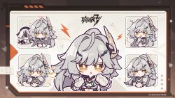 ahoge copyright_name coralie_6626_planck erdos_helia erdos_helia_(planar_armament:_warped_spacetime) facial_mark gloves grey_hair hair_intakes hair_ornament honkai_(series) honkai_impact_3rd long_hair multicolored_hair official_art sticker two-tone_hair