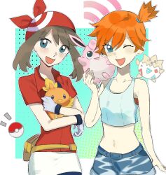 2girls :d ;d asymmetrical_hair bandana blue_eyes blue_shorts blush breasts brown_hair collared_shirt cowboy_shot creature creatures_(company) crop_top denim denim_shorts eyelashes fanny_pack fjne5534 game_freak gen_1_pokemon gen_2_pokemon gen_3_pokemon gloves green_eyes gym_leader hair_tie holding holding_creature holding_pokemon looking_at_viewer may_(pokemon) midriff misty_(pokemon) multiple_girls navel nintendo notice_lines one_eye_closed open_mouth orange_hair poke_ball poke_ball_(basic) pokemon pokemon_(creature) pokemon_lgpe pokemon_rse ponytail red_bandana red_shirt shirt short_hair short_shorts short_sleeves shorts side_ponytail simple_background skirt sleeveless smile suspenders tank_top togepi tongue torchic white_gloves white_skirt wigglytuff wink