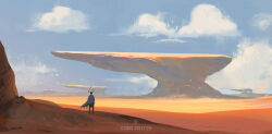 1boy cambocreation cape cloak cloud day desert flock from_behind looking_ahead mountain original painterly rock scenery science_fiction sky standing sunlight watermark
