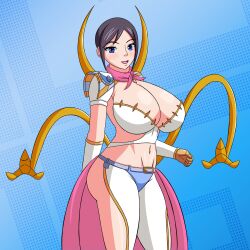1girl absurdres age_progression alternate_hairstyle aqua_panties armor bandana belt blue_eyes bra claws curvy digimon digimon_ghost_game gloves gold_armor golden_arms golden_spiral growth highres kashiwagi_mika long_arms long_glove long_legs mutant navel open_mouth panties pink_bandana pink_ribbon pink_skirt ribbon shoulder_armor skirt solo sparkling_eyes underwear yeezusdraw yellow_gloves