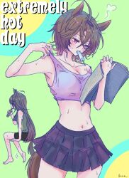 2girls agnes_tachyon_(umamusume) ahoge animal_ears black_hair black_shirt black_shorts black_skirt blush book breasts brown_hair cleavage closed_eyes collarbone crop_top crossed_bangs drink food food_in_mouth hair_between_eyes hair_ornament hairclip highres holding holding_book holding_food holding_popsicle horse_ears horse_girl hot huge_ahoge long_hair manhattan_cafe_(umamusume) medium_hair multicolored_hair multiple_girls navel open_book pleated_skirt popsicle popsicle_in_mouth pulling_own_clothes red_eyes shirt shorts sitting skirt sleeveless sleeveless_shirt steam sweat tank_top um umamusume very_long_hair white_hair white_tank_top wolf_cut zazatt_(tanpopo77chi)