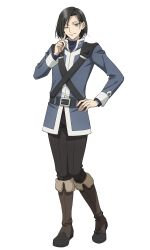 Rule 34 | 1boy, anime coloring, belt, blue jacket, boots, brown boots, closed mouth, collared jacket, curtained hair, full body, grey belt, grey eyes, grey pants, hand on own cheek, hand on own face, highres, index finger raised, jacket, kamira (yarinaoshi reijou), komatsu sana, long sleeves, looking at viewer, male focus, official art, one eye closed, pants, parted bangs, pointing, pointing at self, short hair, simple background, smile, solo, standing, sweater, transparent background, turtleneck, turtleneck sweater, yarinaoshi reijou wa ryuutei heika wo kouryakuchuu