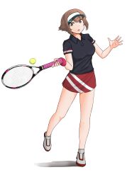 Rule 34 | absurdres, ball, black shirt, breasts, brown hair, collared shirt, green eyes, highres, holding, holding racket, holding tennis racket, jouzaburou (joe3), kantai collection, medium breasts, mutsu (kancolle), open mouth, polo shirt, racket, shirt, short hair, skirt, sportswear, striped clothes, striped skirt, tennis ball, tennis racket, tennis skirt, tennis uniform, visor cap