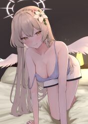1girl absurdres all_fours alternate_costume bare_arms blonde_hair blue_archive blue_tank_top blush breasts cleavage closed_mouth commentary feathered_wings flower hair_between_eyes hair_flower hair_ornament highres large_breasts long_hair looking_at_viewer nagisa_(blue_archive) on_bed queensalmon221 shorts sidelocks smile solo tank_top teeth white_flower white_shorts wings yellow_eyes