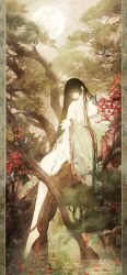 1girl absurdres barefoot black_hair bug butterfly faux_traditional_media highres hime_cut insect long_hair looking_at_viewer nail_polish original petals red_nails satsuki_kei scenery solo very_long_hair