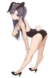 1girl absurdres animal_ears ass bent_over black_bow black_bowtie black_leotard blue_hair bow bowtie brown_eyes ch2haya_p detached_collar fake_animal_ears fake_tail full_body hand_on_own_knee high_heels highres idolmaster idolmaster_(classic) kisaragi_chihaya leotard long_hair looking_back playboy_bunny rabbit_ears rabbit_tail scowl simple_background solo strapless strapless_leotard tail traditional_bowtie white_background white_wrist_cuffs wrist_cuffs