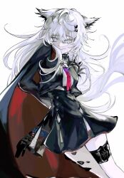 1girl animal_ears arknights black_cape black_jacket black_skirt blue_eyes breasts cape chinese_commentary closed_mouth commentary_request cowboy_shot hair_ornament hairclip highres jacket lappland_(arknights) lappland_the_decadenza_(arknights) long_hair long_sleeves necktie open_clothes open_jacket originium_(arknights) red_necktie scar scar_across_eye scar_on_face shirt skirt small_breasts smile solo thigh_strap tuitangguxuanshou two-sided_cape two-sided_fabric very_long_hair white_shirt wolf_ears