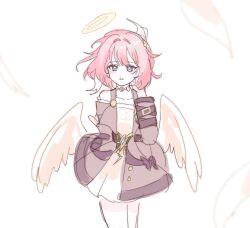 1girl angel_wings blue_eyes breasts coat commentary_request cyrene_(honkai:_star_rail) dress halo highres honkai:_star_rail honkai_(series) jewelry ko_(assd_009) korean_commentary medium_hair multicolored_hair necklace pink_hair purple_coat simple_background small_breasts solo two-tone_hair white_background white_dress white_hair wings