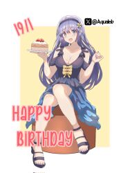 1girl aqualeb blush breasts cake cake_slice cleavage date_a_live dress english_text food grey_eyes grey_hair highres izayoi_miku large_breasts long_hair medium_breasts solo