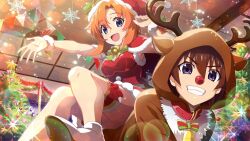 Rule 34 | 1boy, 1girl, :d, all fours, animal costume, antlers, blue eyes, brown hair, cape, christmas, christmas tree, dress, fake antlers, foot out of frame, from below, fur-trimmed dress, fur trim, game cg, grin, hat, highres, higurashi no naku koro ni, higurashi no naku koro ni mei, horns, indoors, lens flare, looking at viewer, maebara keiichi, non-web source, official art, open mouth, orange hair, outstretched arm, red cape, red dress, reindeer antlers, reindeer costume, ryuuguu rena, santa costume, santa hat, scrunchie, shoes, short dress, short hair, sitting, sitting on person, sleeveless, sleeveless dress, smile, sparkle, string of flags, teeth, white shoes, wrist scrunchie