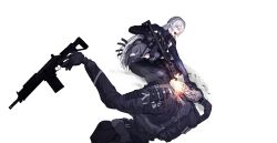 1girl absurdres ak-15 ak-15_(girls&#039;_frontline) assault_rifle black_gloves black_pants character_request chest_rig fighting firing girls&#039;_frontline gloves grey_hair grey_jacket gun highres holding holding_gun holding_weapon humanoid_robot jacket kalashnikov_rifle long_hair looking_at_another open_mouth pants peinlike bulletproof_vest pouch purple_eyes rifle robot simple_background tactical_clothes weapon weapon_request white_background