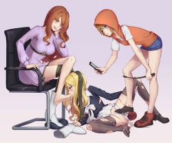 3girls alternate_legwear barefoot belt black_legwear blonde_hair blue_eyes blush boots bow brown_eyes brown_hair bullying cellphone chair crossed_legs dorsiflexion dress feet female_footjob femdom foot_worship footjob frenda_seivelun head_rest high_heel_boots high_heels highres holding holding_riding_crop hood hoodie kinuhata_saiai licking licking_foot long_hair looking_at_another looking_down mool_yueguang mugino_shizuri multiple_girls pantyhose phone purple_dress pussy_juice recording riding_crop shoes short_shorts shorts single_shoe single_thighhigh sitting smartphone socks spread_legs sweatdrop thighhighs toaru_kagaku_no_railgun toaru_kagaku_no_railgun_s toaru_majutsu_no_index toes torn_clothes torn_legwear unworn_boot unworn_boots unworn_shoes whip whip_marks yuri