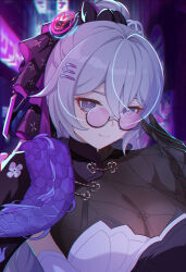 1girl absurdres adjusting_eyewear breasts bronya_zaychik bronya_zaychik_(heart_of_the_night) bronya_zaychik_(silverwing:_n-ex) chinese_commentary cleavage commentary_request dress grey_eyes grey_hair highres honkai_(series) honkai_impact_3rd large_breasts long_hair looking_at_viewer m78_zaitaoaotezhanshi official_alternate_costume outdoors round_eyewear see-through_cleavage see-through_clothes smile solo upper_body white_dress