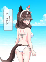 Rule 34 | 1girl, absurdres, animal ears, ass, ball, beachball, braid, breasts, brown eyes, brown hair, cloud, commentary request, curren bouquetd&#039;or (umamusume), highres, horse ears, horse girl, horse tail, long hair, looking at viewer, medium breasts, ocean, open mouth, solo, sweetbubble, swimsuit, tail, translation request, umamusume