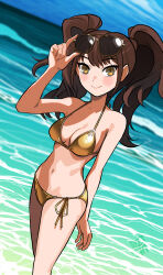 1girl beach bikini breasts brown_eyes brown_hair cleavage curvy dutch_angle female_focus gold_bikini highres insomia3 kujikawa_rise long_hair looking_at_viewer matching_hair/eyes medium_breasts micro_bikini navel ocean persona persona_4 pink_background shiny_skin side-tie_bikini_bottom smile solo sunglasses_on_head swimsuit twintails wide_hips