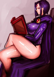 1girl animification book breasts cape crossed_legs dc_comics female_focus large_breasts purple_eyes purple_hair raven_(dc) short_hair sitting solo teen_titans thighs zxc