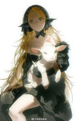 1girl absurdres animal asymmetrical_bangs bare_shoulders black_dress black_headscarf blonde_hair breasts chinese_commentary collarbone commentary_request detached_sleeves dress dungeon_meshi duoj_ji fur_trim goat green_eyes headscarf highres holding holding_animal long_dress long_hair marcille_donato marcille_donato_(lord) medium_breasts mini_wings signature sitting sleeves_past_wrists solo spoilers strapless strapless_dress white_background wings