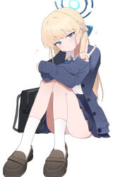1girl absurdres bag black_skirt blonde_hair blue_archive blue_eyes blush braid cardigan full_body grey_cardigan half_up_braid halo head_tilt highres kneehighs knees_up long_hair looking_at_viewer official_alternate_costume panties pantyshot school_bag school_uniform shirt simple_background sitting skirt socks solo sparkle toki_(blue_archive) toki_(school_uniform)_(blue_archive) tsuchineko_(vrcp4534) underwear v very_long_hair white_background white_panties white_shirt white_socks