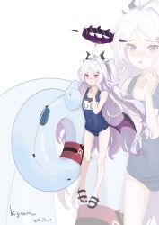 1girl absurdres ahoge black_halo blue_archive breasts commentary_request demon_girl demon_horns demon_wings full_body halo highres hina_(blue_archive) hina_(swimsuit)_(blue_archive) horns kailu_(531002068) long_hair looking_at_viewer old_school_swimsuit sandals school_swimsuit small_breasts solo standing swimsuit white_hair wings