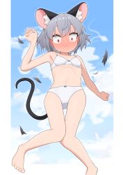1girl absurdres animal_ears asakura_haru blush bow bra breasts closed_mouth cloud full_body grey_hair highres knees_together_feet_apart mouse_ears mouse_girl mouse_tail nazrin panties red_eyes short_hair sky small_breasts solo tail touhou underwear underwear_only white_bra white_panties