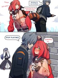 1boy 2girls :o absurdres ahoge ascot black_hat black_pants black_sailor_collar black_shirt black_skirt blue_jacket blush bow bowtie braided_twintails breasts cardigan center_frills cityscape dorahdew dress drill_hair english_text frilled_hairband frilled_sleeves frills green_eyes grey_hair grin hair_bow hair_ornament hairband hands_on_own_head hat heart heart_print highres instant_loss jacket kabedon kama_(zenless_zone_zero) kneeling leaning_forward long_hair long_sleeves low_twintails medium_breasts multiple_girls open_clothes open_jacket open_mouth pants pantyhose pink_cardigan purple_hair raccoon_tail red_hair sailor_collar shirt short_hair simple_background skirt smile speech_bubble sphere_hair_ornament sweater tail tanuki teasing teeth thigh_strap thighhighs twintails ukinami_yuzuha very_long_hair vivian_banshee white_background white_bow white_dress wise_(zenless_zone_zero) zenless_zone_zero