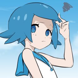 1girl blue_eyes blue_hair bright_pupils closed_mouth commentary_request holding holding_own_hair lana_(pokemon) looking_at_viewer nintendo no_hairband no_sclera pokemon pokemon_sm portrait shirt short_hair sleeveless sleeveless_shirt solo squiggle white_pupils white_shirt zs_xha_sz