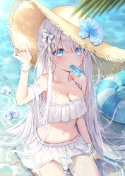 1girl absurdres arm_support bare_shoulders bead_bracelet beads bikini blue_eyes blue_flower blush bow bracelet breasts cleavage collarbone commentary_request day flower flower_on_liquid food food_in_mouth frilled_bikini frills fuyoyo hair_between_eyes hair_bow halterneck hand_up hat hat_flower highres jewelry long_hair looking_at_viewer medium_breasts navel ocean official_art original outdoors partial_commentary popsicle popsicle_in_mouth shallow_water sitting solo stomach straw_hat sun_hat sunlight swim_ring swimsuit thighs very_long_hair water wet white_bikini white_bow white_hair