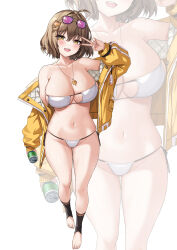 1girl :d absurdres anis_(nikke) anis_(sparkling_summer)_(nikke) bare_shoulders barefoot bikini breasts brown_hair can cleavage collarbone commentary_request eyepatch_bikini eyewear_on_head full_body gluteal_fold goddess_of_victory:_nikke highres holding holding_can huge_breasts jacket jewelry looking_at_viewer navel necklace neon_(hhs9444) official_alternate_costume open_clothes open_jacket open_mouth purple-tinted_eyewear short_hair simple_background skindentation smile solo standing standing_on_one_leg sunglasses swimsuit teeth thighs tinted_eyewear toenails toes upper_teeth_only v white_background yellow_eyes yellow_jacket zoom_layer