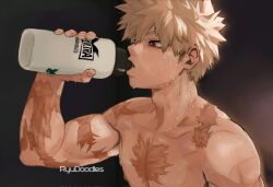 1boy artist_name bakugou_katsuki blonde_hair boku_no_hero_academia bottle collarbone drinking highres holding holding_bottle male_focus multiple_scars muscular muscular_male nipples red_eyes ryudoodles scar scar_on_arm scar_on_chest scar_on_shoulder short_hair simple_background solo spiked_hair sweat very_sweaty water