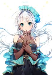 1girl aqua_eyes beret black_dress black_gloves blush dress elbow_gloves female_focus gloves hat long_hair looking_at_viewer original simple_background sleeveless sleeveless_dress smile solo sukja upper_body white_background white_hair