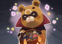 1boy absurdres animal_ears closed_eyes commentary english_commentary fangs flower food furry furry_male genshin_impact guoba_(genshin_impact) halloween_bucket halloween_costume haribo highres holding holding_pumpkin panda_boy panda_ears pocky pumpkin skyler smile vampire_costume watermark