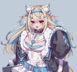 1girl animal_ear_fluff animal_ears bandaid bandaid_hair_ornament black_collar black_jacket blonde_hair blue_hair blush breasts collar diamond_cutout dog_ears dog_girl dress fur-trimmed_jacket fur_trim fuwawa_abyssgard hair_ornament hairclip highres hololive hololive_english jacket long_hair long_sleeves looking_at_viewer medium_breasts multicolored_hair open_mouth pink_eyes solo streaked_hair virtual_youtuber white_dress yui_(yuimeooow)