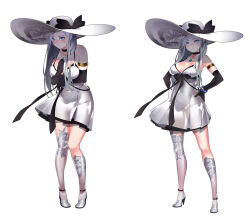 1girl armlet arms_under_breasts asymmetrical_legwear bare_shoulders black_bow black_collar black_gloves black_ribbon blue_eyes blush bow bracelet breasts reference_sheet cleavage closed_mouth collar collarbone covered_navel dress elbow_gloves full_body game_cg gloves hair_over_shoulder hands_on_own_hips hat high_heels jewelry large_breasts large_hat leaf_print light_smile looking_at_viewer miracle_snack_shop necklace non-web_source nose_blush official_art parted_bangs philia_salis print_headwear print_thighhighs ribbon see-through_clothes see-through_dress see-through_silhouette shaded_face shadow sidelocks standing talesshop thighhighs thighs transparent_background ukero uneven_legwear white_dress white_footwear white_hair white_headwear worried