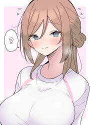 1girl ? blush border breasts breath brown_hair commentary_request flying_sweatdrops gakuen_idolmaster hidarite_no_hoosoku_(tdog) highres himesaki_rinami idolmaster large_breasts long_hair looking_at_viewer partial_commentary pink_background shirt simple_background smile solo spoken_question_mark upper_body white_border white_shirt