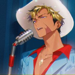 1boy blonde_hair blue_jacket brown_hair collarbone collared_shirt commentary cowboy_hat dark-skinned_male dark_skin ear_piercing earrings english_commentary eyebrow_cut fangs glint hat highres jacket jewelry kaohom503 lapels male_focus microphone microphone_stand multicolored_hair music necklace nijisanji nijisanji_en open_mouth piercing purple_eyes red_shirt scar scar_on_face shirt short_hair singing solo streaked_hair stud_earrings teeth undercut upper_body upper_teeth_only vantacrow_bringer virtual_youtuber white_hat
