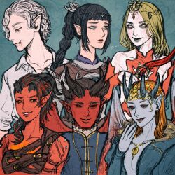 Rule 34 | 2boys, 4girls, astarion, baldur&#039;s gate, baldur&#039;s gate 3, black hair, blonde hair, broken horn, brown hair, demon boy, demon girl, dungeons & dragons, dungeons &amp; dragons, highres, horns, karlach, long hair, mandarin collar, medium hair, mizora (baldur&#039;s gate), multiple boys, multiple girls, orange hair, orin the red, pale skin, raphael (baldur&#039;s gate), red eyes, shadowheart (baldur&#039;s gate), short hair, tokine kira, upper body, white hair