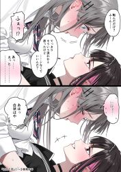 2girls black_choker black_hair black_hairband black_sailor_collar blue_eyes blush bow bowtie chigusa_minori choker colored_inner_hair commentary_request ear_blush grey_hair hair_ornament hairband hairclip highres long_hair multicolored_hair multiple_girls nervous_sweating open_mouth pink_hair sailor_collar saotome_shino_(shino_to_ren) school_uniform serafuku shino_to_ren shirayuki_ren shirt short_hair spoken_blush sweat translation_request white_bow white_bowtie white_shirt yuri