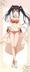 1girl absurdres bare_shoulders bikini black_hair breasts bridal_legwear cape clock_eyes date_a_live frilled_bikini frills full_body heterochromia highres long_hair looking_at_viewer medium_breasts navel official_alternate_costume official_art red_eyes smile solo swimsuit symbol-shaped_pupils third-party_source tokisaki_kurumi twintails yellow_eyes