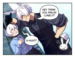 2boys against_wall aki_(sketchkun) animal_ear_hairband animal_ears black_bow black_bowtie black_choker black_eyes black_gloves black_hairband black_pants black_streaks black_vest blue_eyes blue_shirt blush border bow bowtie buttons choker commentary double-parted_bangs english_commentary english_text fake_animal_ears genderswap genderswap_(ftm) gloves grey_shirt grin hair_between_eyes hairband hand_on_own_hip hand_on_wall hand_up highres kabedon long_hair long_sleeves looking_at_another male_focus merryweather multicolored_hair multiple_boys original pants parted_lips rabbit_boy rabbit_ear_hairband rabbit_ears rabbit_tail sally_sinclair sharp_teeth shirt sleeves_rolled_up small_sweatdrop smile speech_bubble streaked_hair tail talking teeth vest white_border white_hair wing_collar yaoi