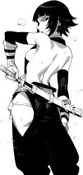 Rule 34 | 1girl, ass, back, black hair, bleach, breasts, from behind, hakama, highres, holding, holding sword, holding weapon, ireading, japanese clothes, katana, looking at viewer, looking back, medium breasts, monochrome, short hair with long locks, sideboob, sideless kimono, simple background, solo, sui-feng, sweat, sword, weapon, white background