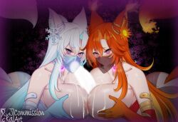 1boy 2girls @_@ ass bare_shoulders blue_gloves blue_hair breast_press breasts censored choker collarbone commentary commission cooperative_paizuri cum cum_on_body cum_on_breasts cum_on_upper_body elbow_gloves english_commentary fellatio ffm_threesome fox_girl gloves glowing glowing_heart glowing_penis group_sex hair_ornament hetero highres huge_breasts hypnosis indie_virtual_youtuber mind_control mouth_veil multicolored_hair multiple_girls oral orange_hair orange_tail paizuri penis ryncka smug_alana snowflake_hair_ornament symmetrical_docking teamwork_(sexual) threesome two-tone_hair veil virtual_youtuber white_hair white_tail