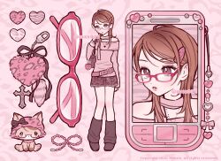1girl animal_print animalization bag bag_charm belt black_shoes black_skirt black_socks blush bow brown_eyes brown_hair cat cellphone cellphone_charm charm_(object) fashion glasses hair_ornament hairclip handbag heart himekaji korean_commentary leopard_print loafers long_hair long_sleeves loose_socks mxx025 off-shoulder_sweater off_shoulder original phone pink_belt pink_bow pink_sweater pink_theme rhinestone ribbon shoes skirt socks solo sweater what&#039;s_in_my_bag