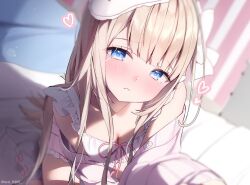 1girl bed blonde_hair blue_eyes blurry blurry_background blush breasts cardigan cleavage closed_mouth commentary_request commission hat heart indie_virtual_youtuber long_hair looking_at_viewer mask mask_on_head nen_0405 off_shoulder on_bed open_cardigan open_clothes pillow pink_cardigan pink_ribbon ribbon sitting skeb_commission sleep_mask small_breasts solo twitter_username virtual_youtuber white_mask yukinoshita_peo