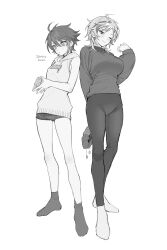 Rule 34 | 2girls, blush, breasts, character request, closed mouth, commentary request, contrapposto, copyright request, dated, double-parted bangs, expressionless, full body, greyscale, hair between eyes, highres, hood, hoodie, large breasts, light frown, long bangs, long sleeves, looking at viewer, medium hair, monochrome, multiple girls, no shoes, one eye closed, own hands together, pants, print hoodie, short hair, short shorts, shorts, simple background, sirin (sirin 8 8), sleeveless, sleeveless hoodie, small breasts, smile, socks, sweater, white background